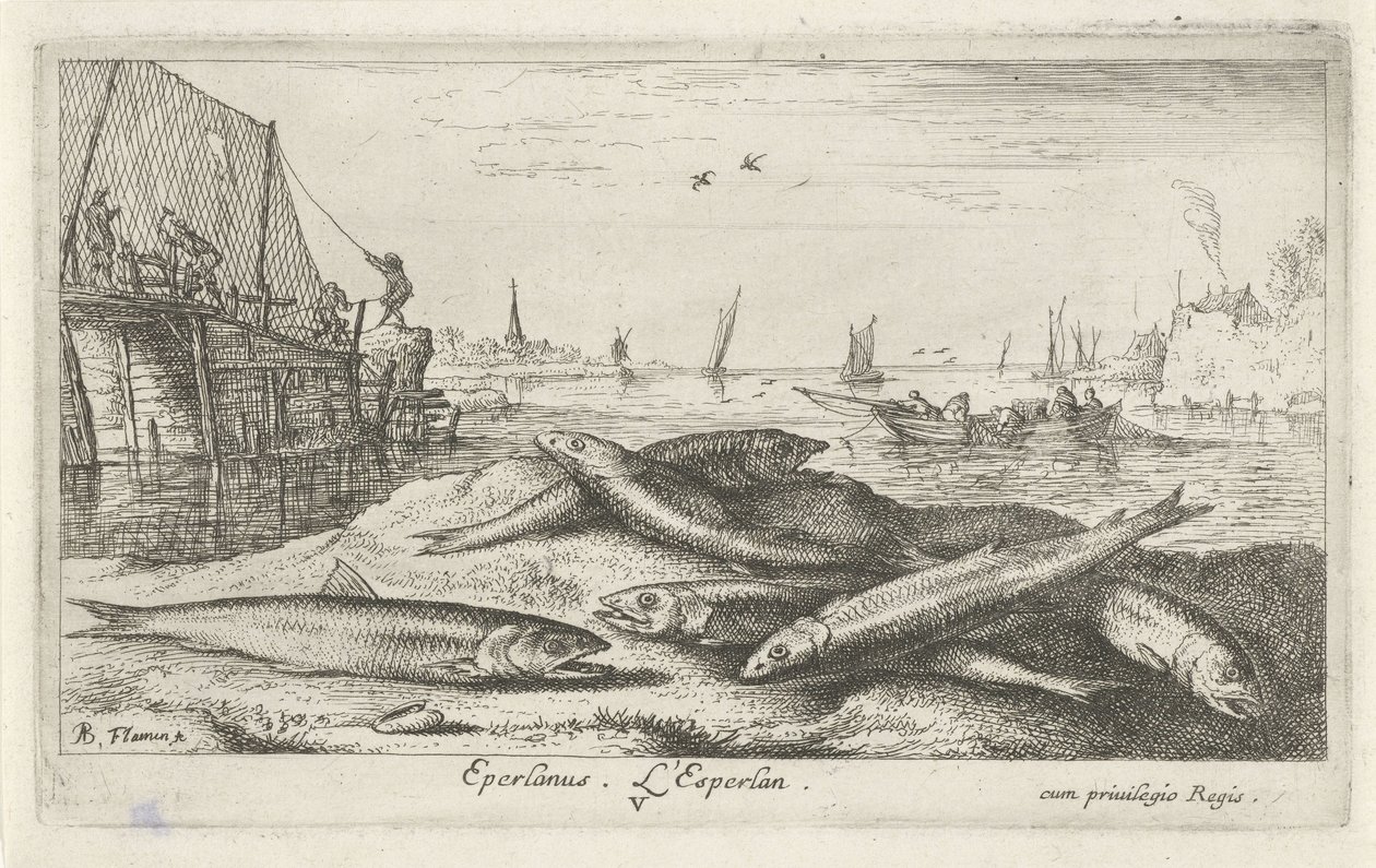 Sechs Stinte am Strand von Albert Flamen
