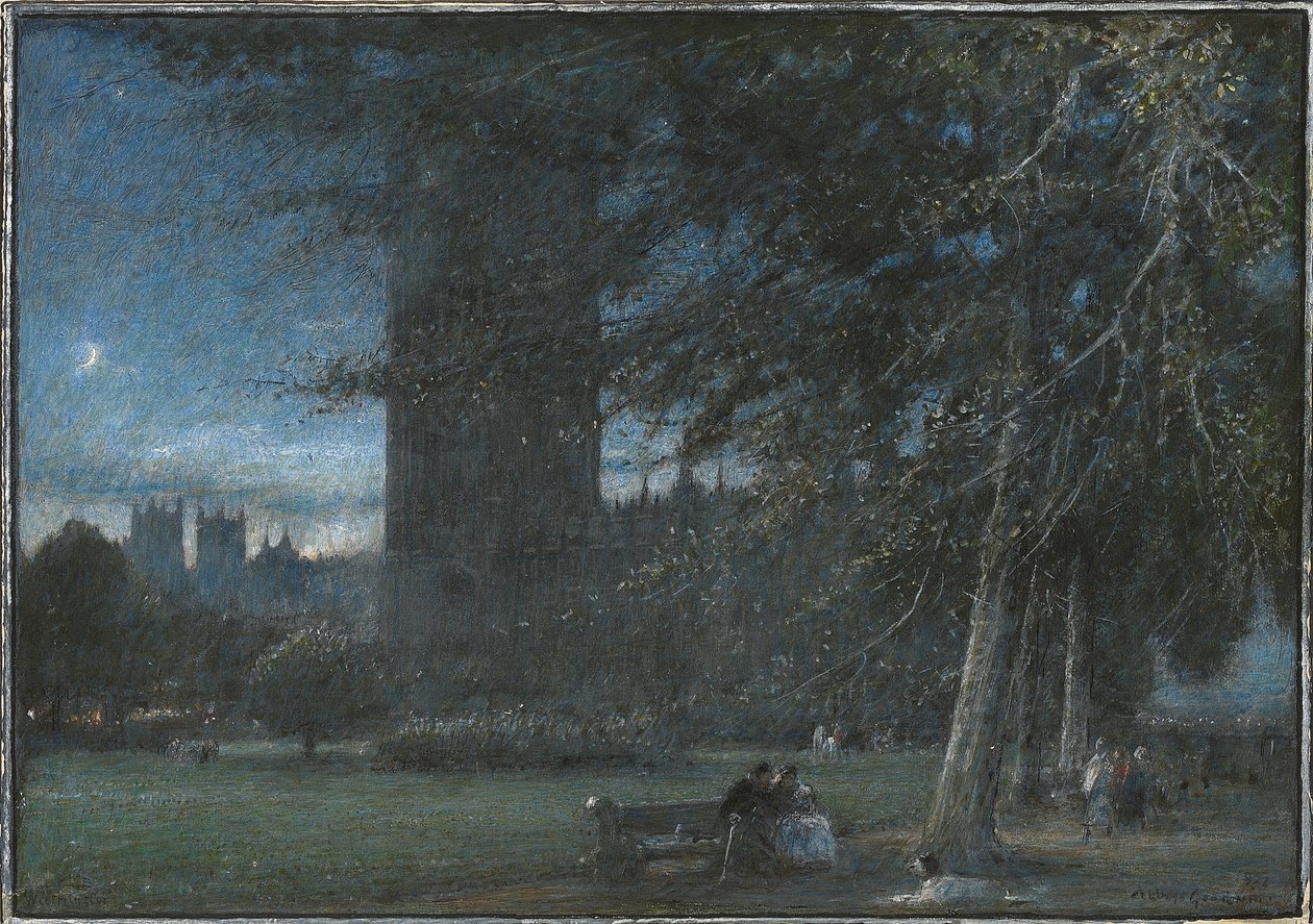 Figuren unterhalb des Palace of Westminster in der Dämmerung von Albert Goodwin