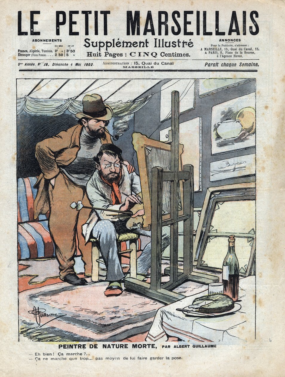 Ein Maler in einem Dachboden malt Stillleben, die Weinflasche und der Kuchen, die als Modell dienen, bleiben nicht still. Illustration von Albert Guillaume (1873-1942) aus „Le Petit Marseillais“ 04/05/1902 von Albert Guillaume