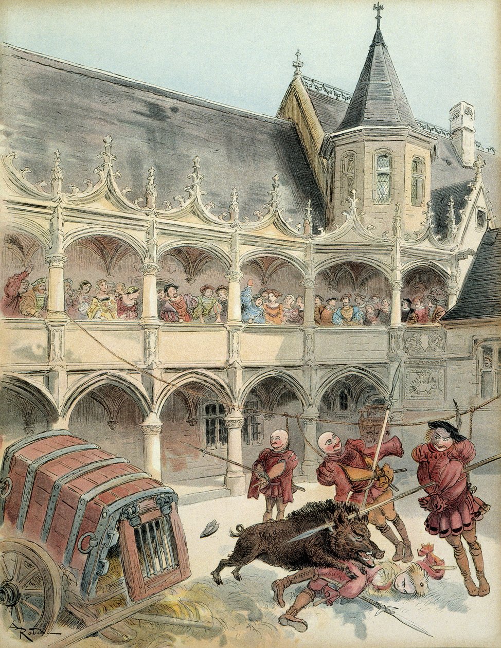 Das Wildschwein von Amboise. Während der Feierlichkeiten nach der Thronbesteigung von König Franz I. (1494-1547) im Jahr 1515, brach ein wildes Schwein in den Hof des Schlosses von Amboise ein, zerstörte eine Barrikade und stieg die Treppe hinauf. Der Köni von Albert Robida