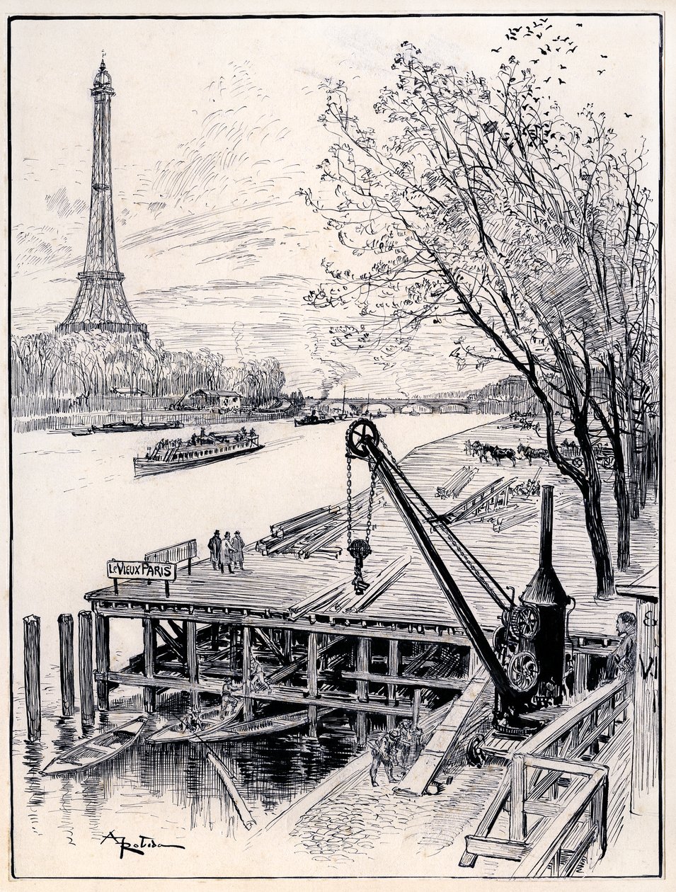 Beginn der Bauarbeiten zur architektonischen Rekonstruktion des mittelalterlichen Alt-Paris am Ufer der Seine für die Weltausstellung 1900 von Albert Robida