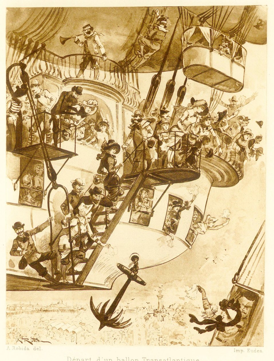Abfahrt eines transatlantischen Ballons, aus Le Vingtieme Siecle, veröffentlicht 1883, Lithographie, 1883 von Albert Robida