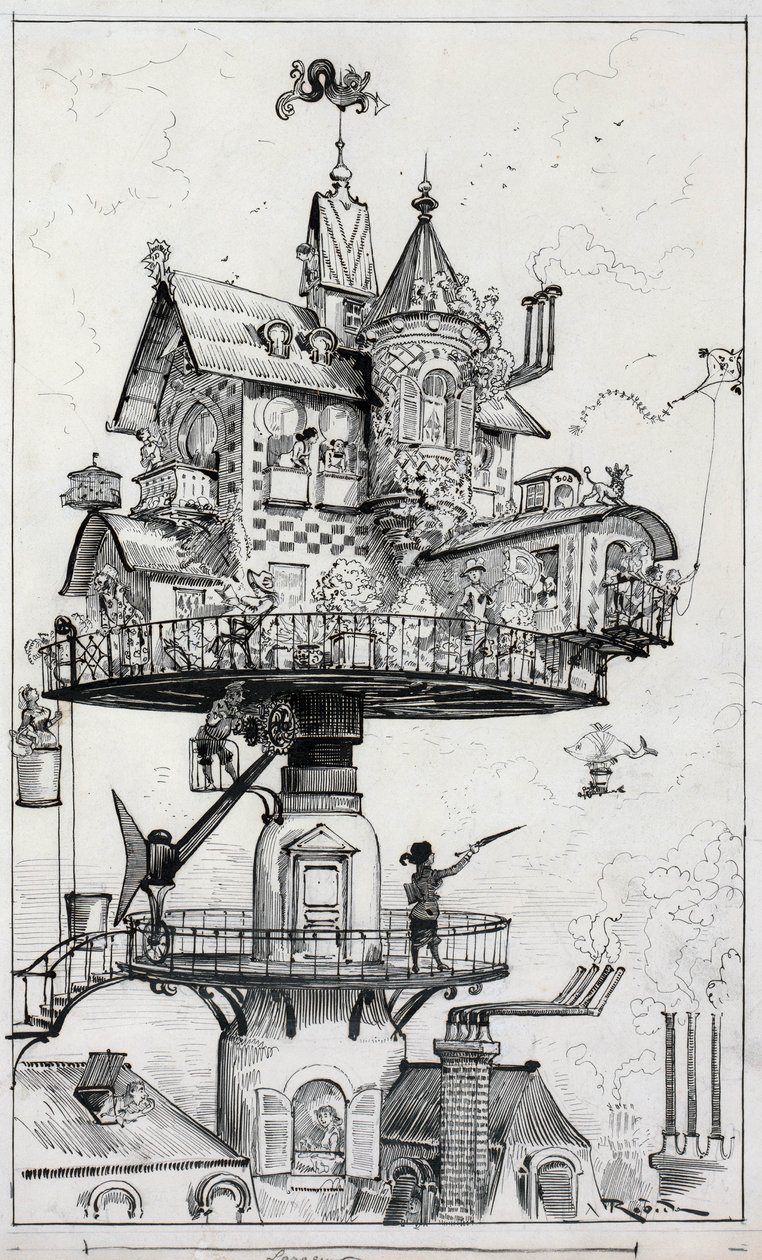 Zeichnung zeigt eine Wohnstruktur, die über den Dächern erhöht ist und so gestaltet ist, dass sie sich in verschiedene Richtungen drehen und anpassen kann, Zeichnung von Albert Robida um 1883 von Albert Robida