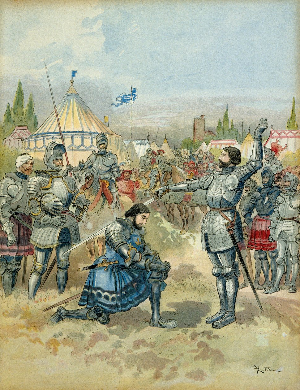 Fünfter Italienischer Krieg (1515-1516): Pierre Terrail de Bayard (1476-1524) rüstet François I. (1494-1547) nach der Schlacht von Marignano (Italien) am Abend des 14. September 1515 zum Ritter. Illustration von Albert Robida