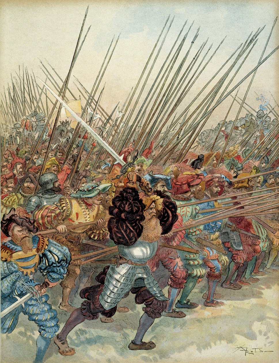Fünfter Italienischer Krieg (1515-1516): Schweizer Angriff auf die Waffen von Franz I. (1494-1547) und seine venezianischen Verbündeten bei Marignano (Italien) von Albert Robida
