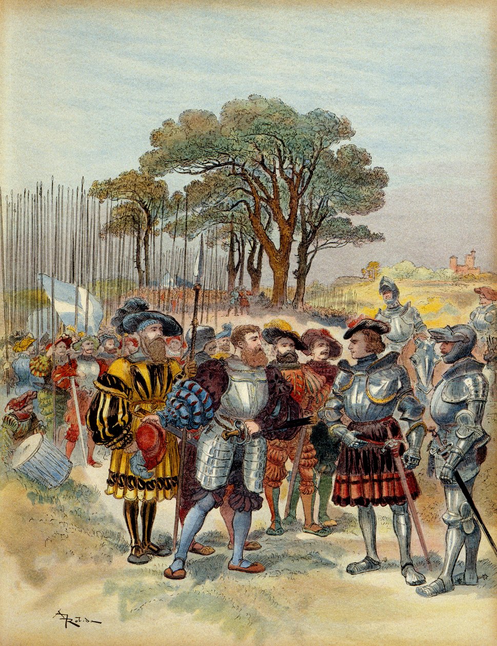 Fünfter Italienischer Krieg (1515-1516): Im Lager vor der Bicocca (Bicoque) vor Mailand (Italien) im Jahr 1516 forderten die Schweizer Soldaten Bezahlung, Urlaub oder Kampf. Odet de Foix, Vicomte de Lautrec, Marschall von Frankreich (1485-1528) konnte sie  von Albert Robida