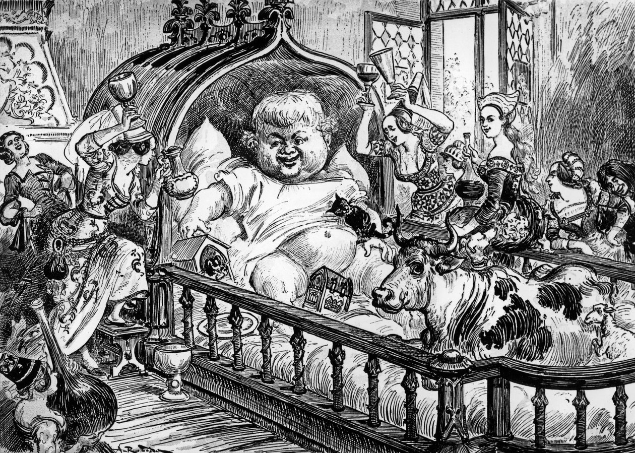 Grandes et inestimables chroniques du grand et enorme geant Gargantua, anonyme Arbeit, die Francois Rabelais für "Pantagruel" inspirierte, Gravur von Albert Robida: hier Gargantua als Baby von Albert Robida