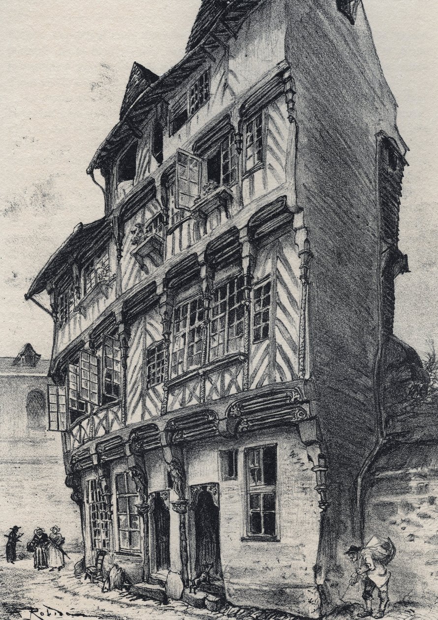 Haus Rue Saint Guillaume in Rennes - Altes Frankreich - Bretagne - Text, Zeichnungen und Lithographien von Albert Robida (1848-1926), undatiert, Ende des 19. Jahrhunderts von Albert Robida