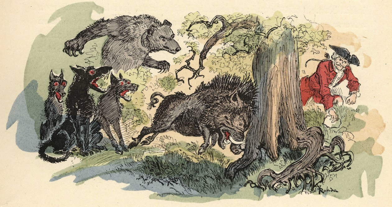 Illustration von Albert Robida in „Geschichte und Abenteuer des Baron von Münchhausen“, H. Laurens Ed., Ende des 19. Jahrhunderts. von Albert Robida