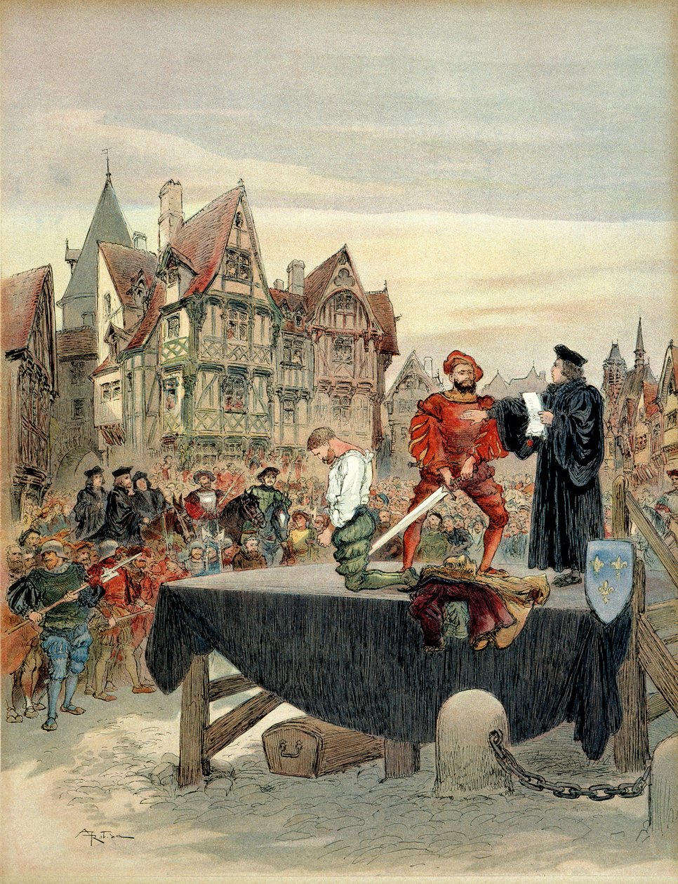 Jean de Poitiers, Seigneur von Saint Vallier (ca. 1475-1539), Hauptmann der Wachen von Charles de Bourbon (1489-1537), wurde 1524 auf dem Schafott begnadigt. Illustration von Albert Robida
