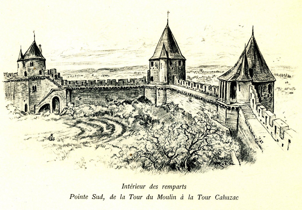 Mittelalterliche Stadt Carcassonne (Aude, Languedoc, Pays Cathare) - Inneres der Stadtmauern, Südspitze, vom Turm du Moulin bis zum Turm Cahuzac - Standort des Freilichttheaters - romantische Gravur von Albert Robida (1848-1926) in einem Buch, das zu Begin von Albert Robida