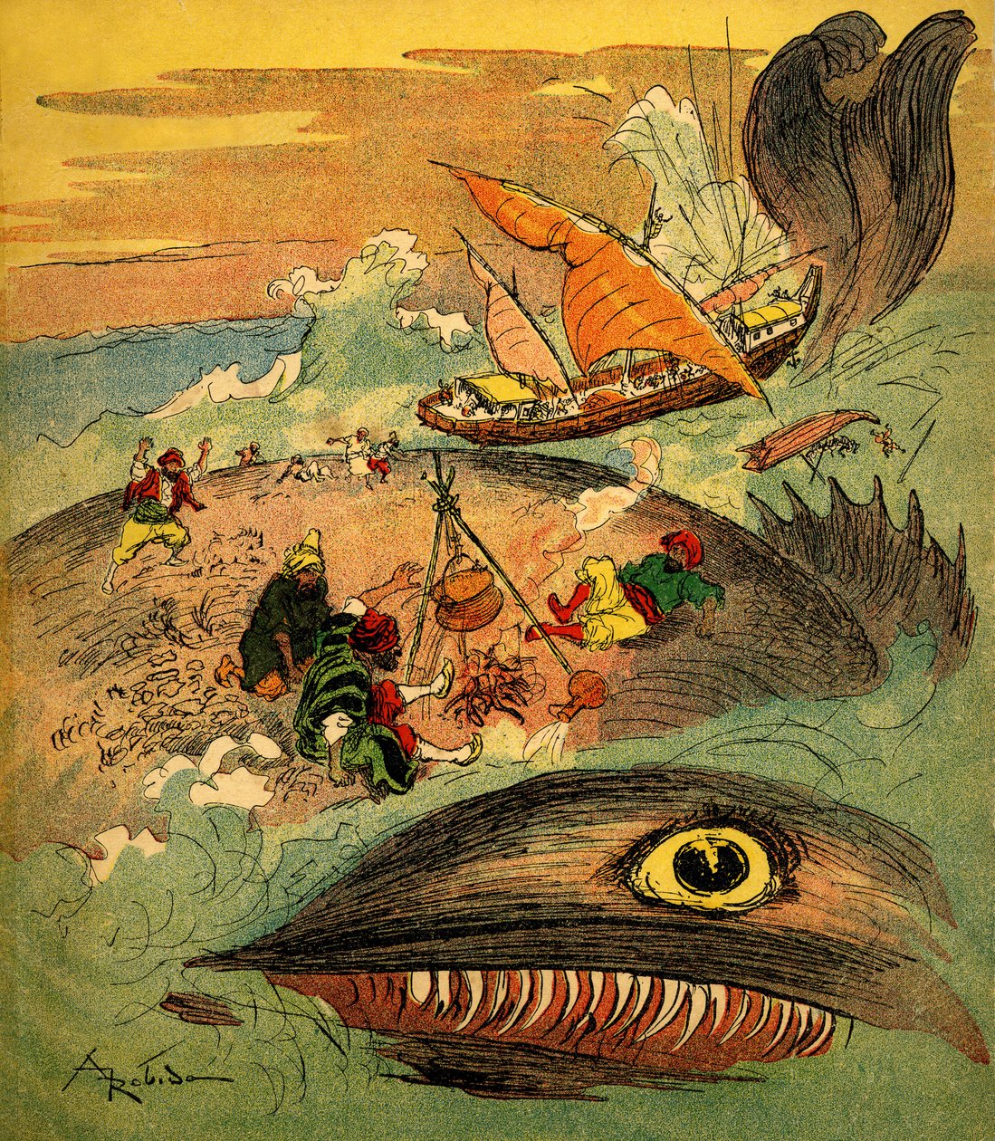 Sindbad der Seefahrer - Märchen aus Tausendundeiner Nacht - Buch von 1948 erzählt seine Abenteuer (Fortin-Ausgabe, Sammlung Wunderbare Kindheitsbilder) - Illustration von Albert Robida: Sindbad und seine Gefährten sind gescheitert von Albert Robida