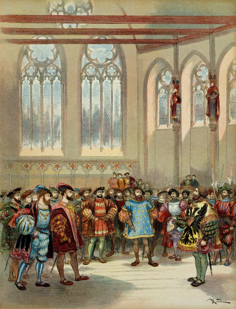 Der burgundische Herold, gesandt von Karl V. (1500-1558), wurde von François I. (1494-1547) in der großen Halle des Parlaments in Paris empfangen, erste Hälfte des 16. Jahrhunderts. Illustration von Albert Robida