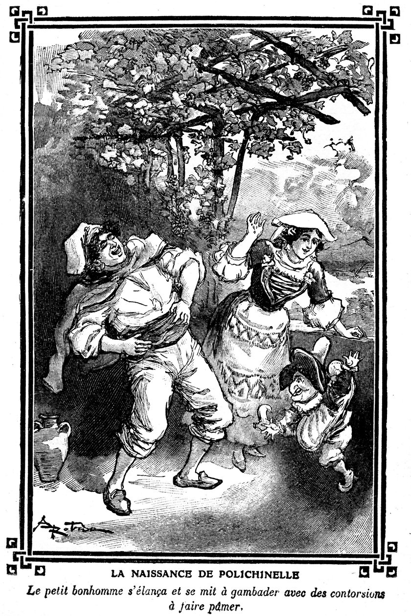 Die Geburt von Polichinelle. Zeichnung von Albert Robida (1848-1926) in einem Kinderlesebuch 1920-1930 von Albert Robida