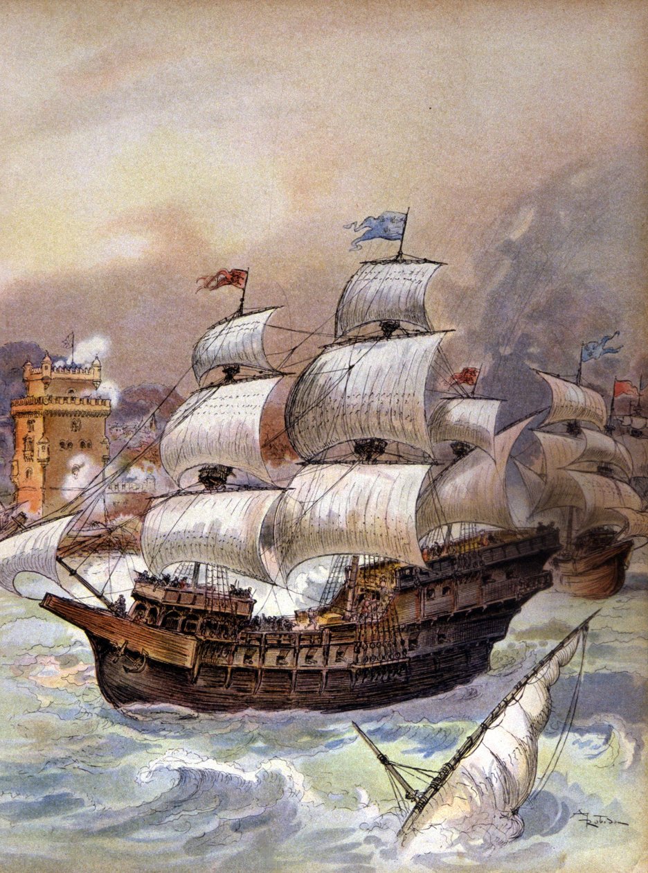 Die Flotte von Jean Ango blockiert den Tejo und bedroht Lissabon, um 1909 (Illustration) von Albert Robida