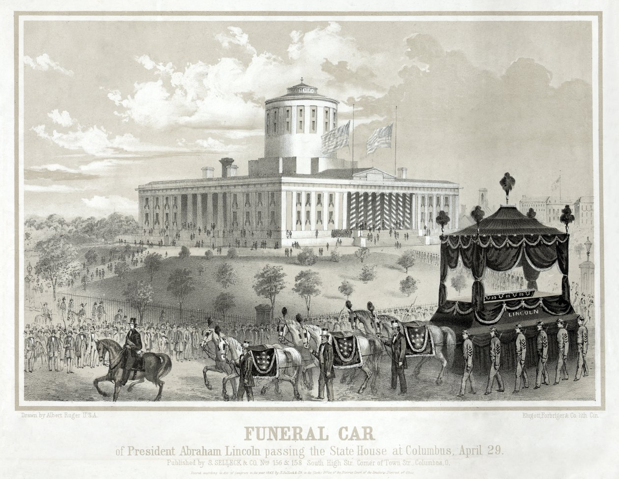 Leichenwagen von Präsident Abraham Lincoln passiert das State House in Columbus, 29. April, veröffentlicht 1865 von Albert Ruger