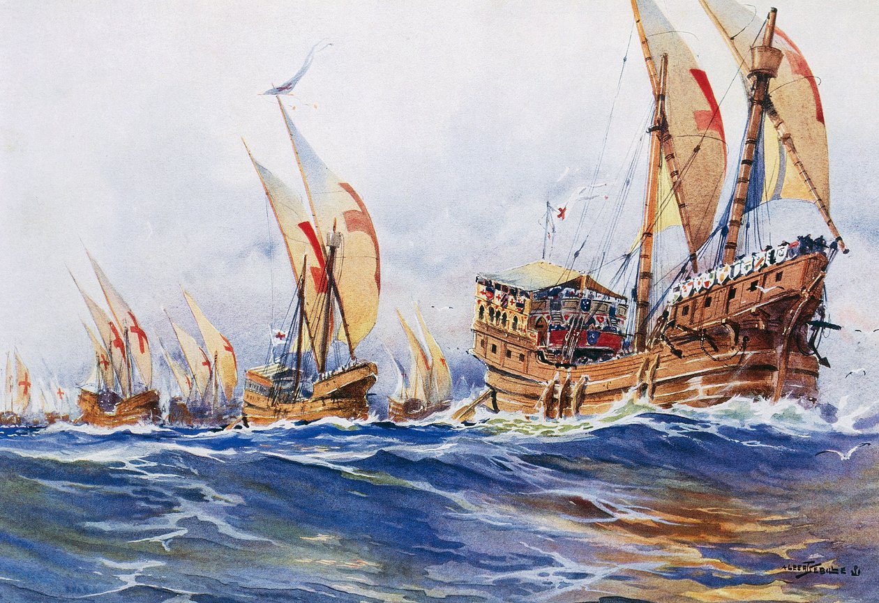 Französische Schiffe von König Ludwig IX. während des achten Kreuzzugs im Jahr 1268, Aquarell von Albert Sebille (1874-1953) von Albert Sébille