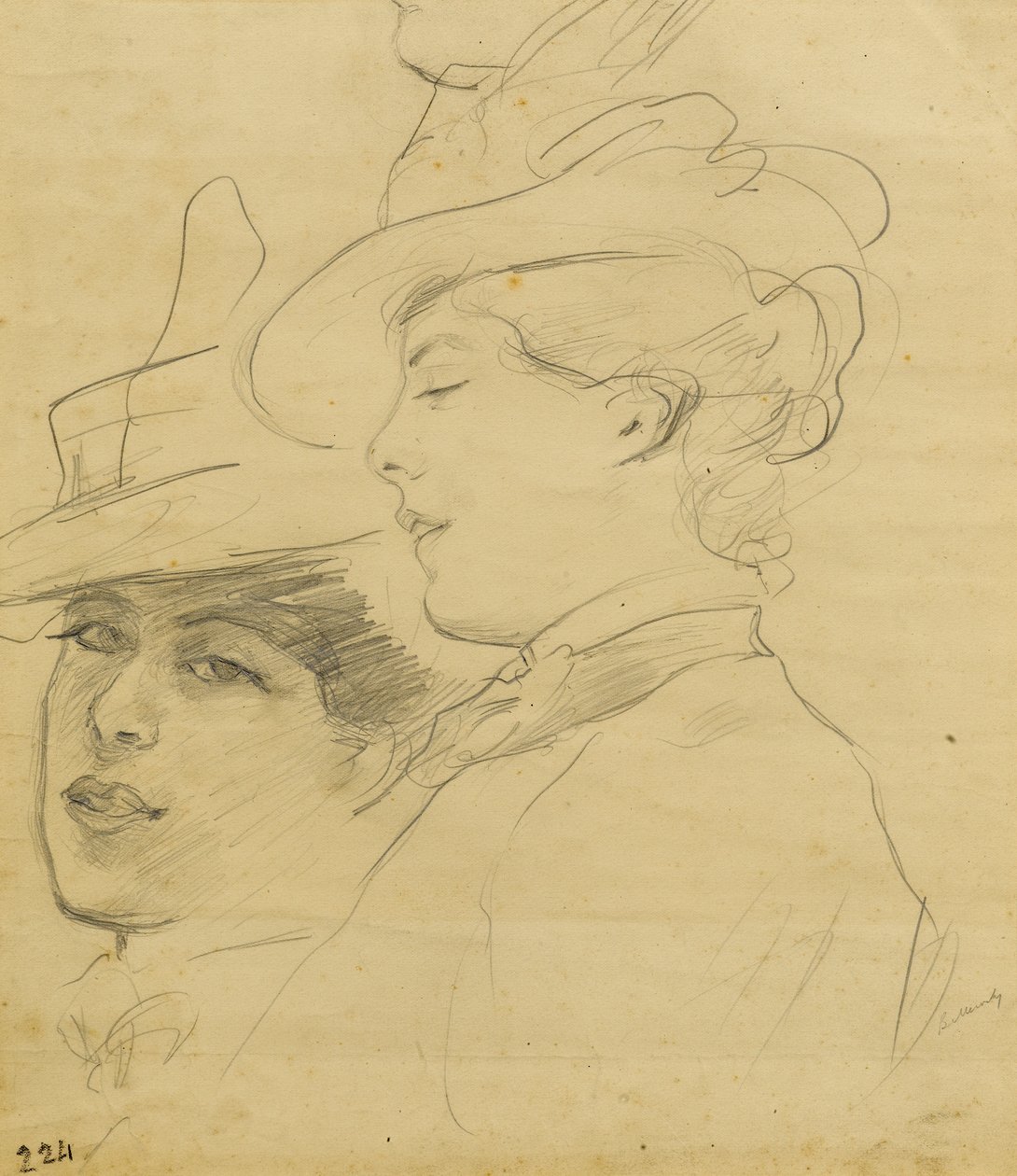 Kopf einer Frau mit verziertem Hut, Profil- und Dreiviertelansicht, ca. 1900 von Albert de Belleroche