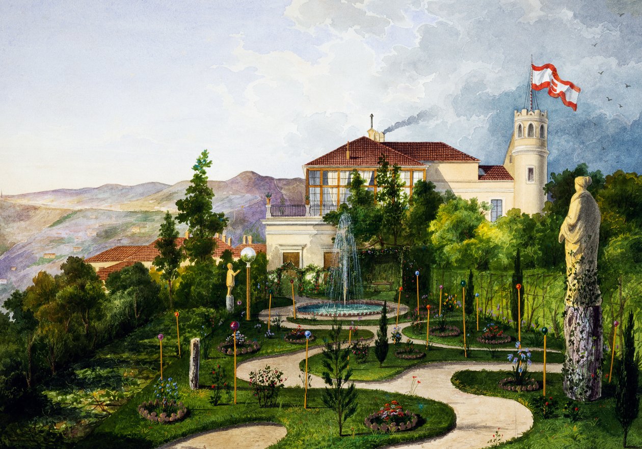 Außenansicht mit Garten, südwestlich der Villa Lazzarovic Triest, Residenz von Maximilian von Habsburg (1832-1867) von Alberto Prosdocini or Prosdocimi