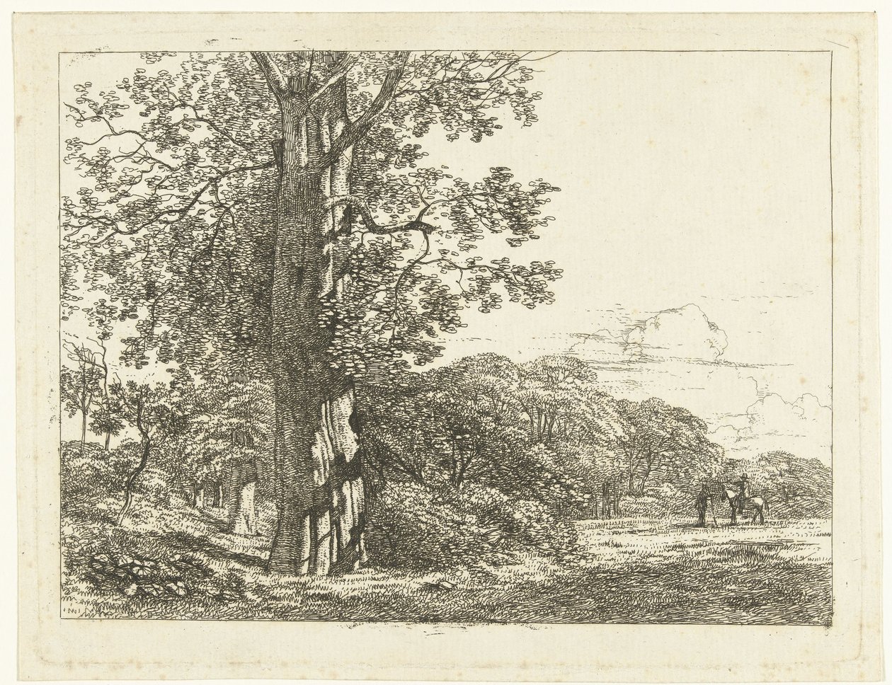 Landschaft mit großer Buche und Reiter im Gespräch mit einem Mann von Albertus Brondgeest