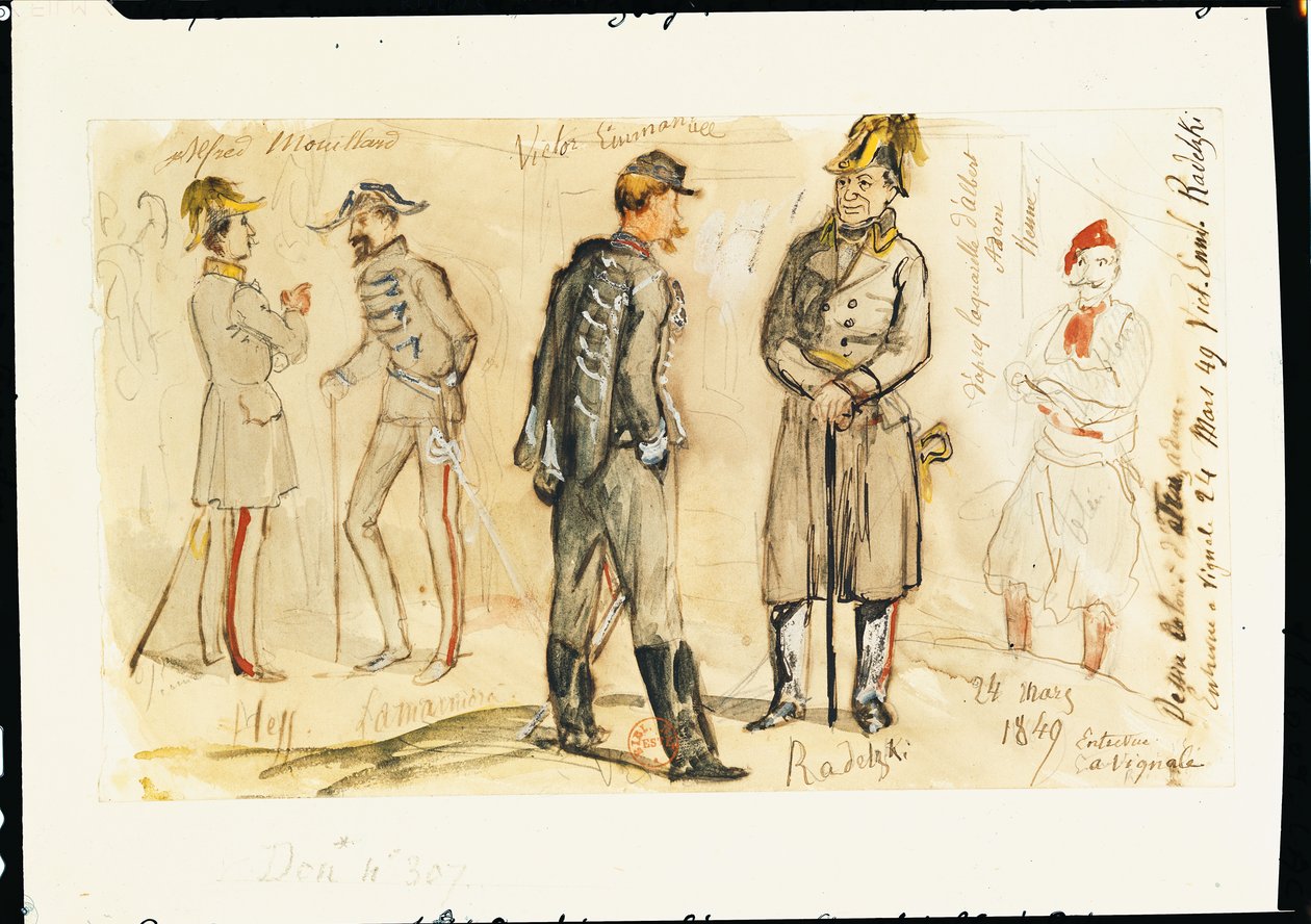 König Vittorio Emanuele II. (1820-78) trifft Joseph Radetsky von Radetz (1766-1858) in Vignale, 24. März 1849 von Albrecht Adam
