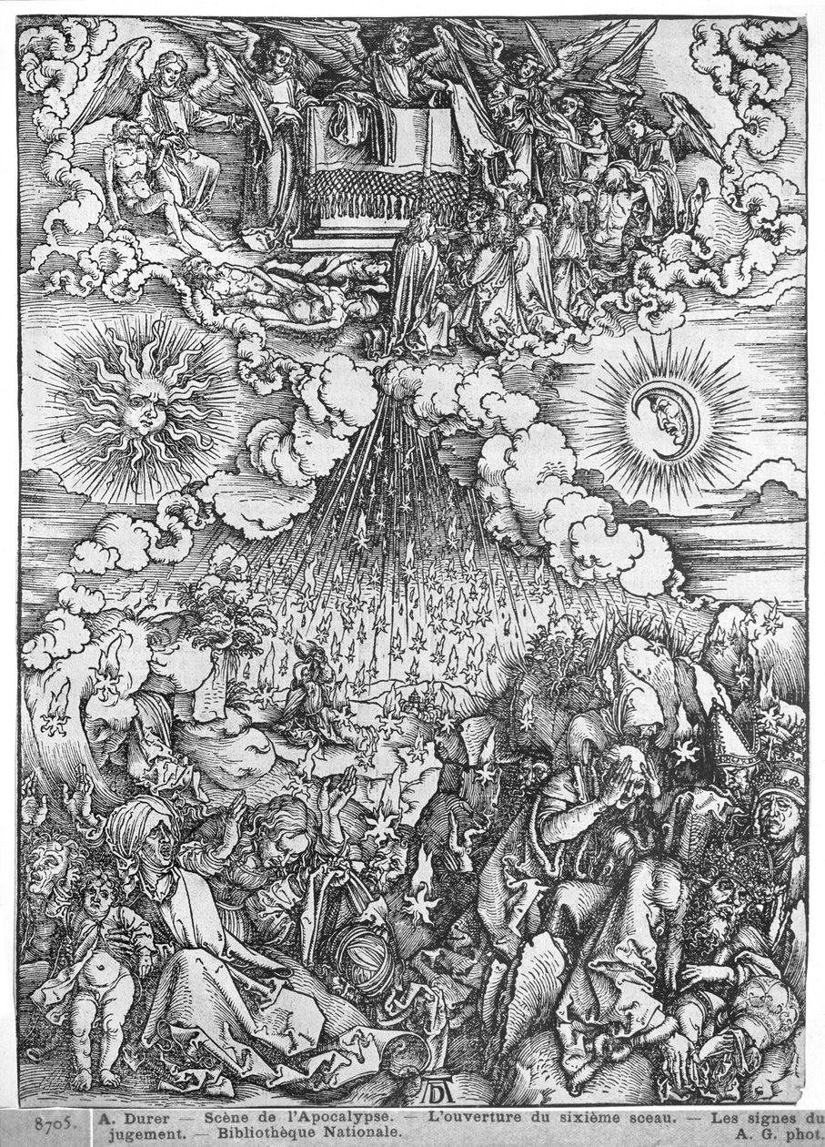 Szene aus der Apokalypse, Die Öffnung des fünften und sechsten Siegels, lateinische Ausgabe, 1511 von Albrecht Dürer