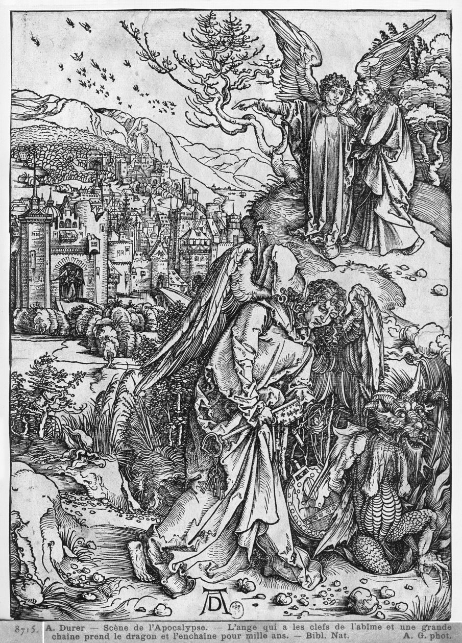 Szene aus der Apokalypse, Der Engel hält die Schlüssel des Abgrunds und eine große Kette, fesselt den Drachen für tausend Jahre, lateinische Ausgabe, 1511 von Albrecht Dürer