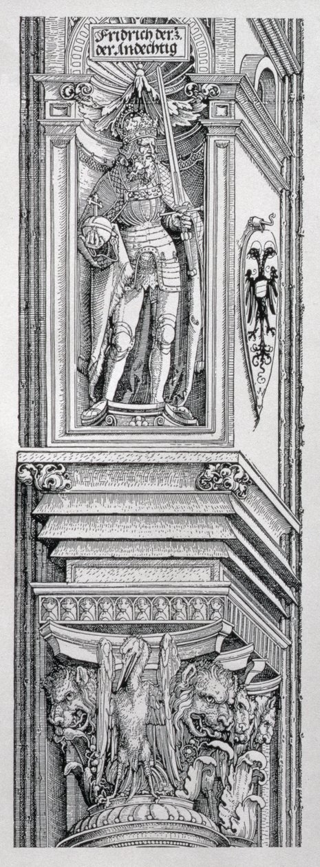 Der Triumphbogen von Kaiser Maximilian I. von Deutschland (1459-1519): Detail des Dekorationsschemas für den zentralen Abschnitt, der eine Statue von Friedrich III. von Deutschland (1415-93), dem Vater von Kaiser Maximilian, zeigt von Albrecht Dürer