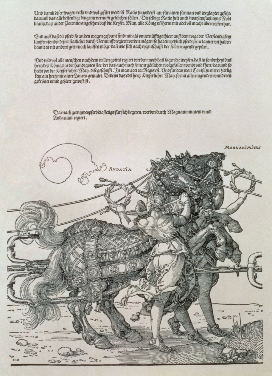 Triumphwagen von Kaiser Maximilian I. von Deutschland (1459-1519): Detail der Pferdeteams, geführt von zwei Tugenden, Großmut und Kühnheit von Albrecht Dürer