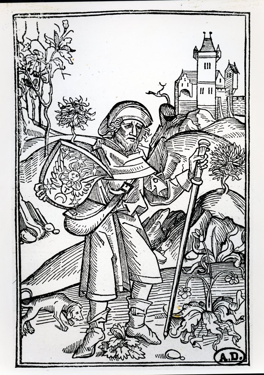Der Pilger mit seinem Hund vor einem Schloss, Frontispiz-Illustration des zweiten Teils der Opera von Johannes Gerson, veröffentlicht in Basel, 1489 von Albrecht Dürer