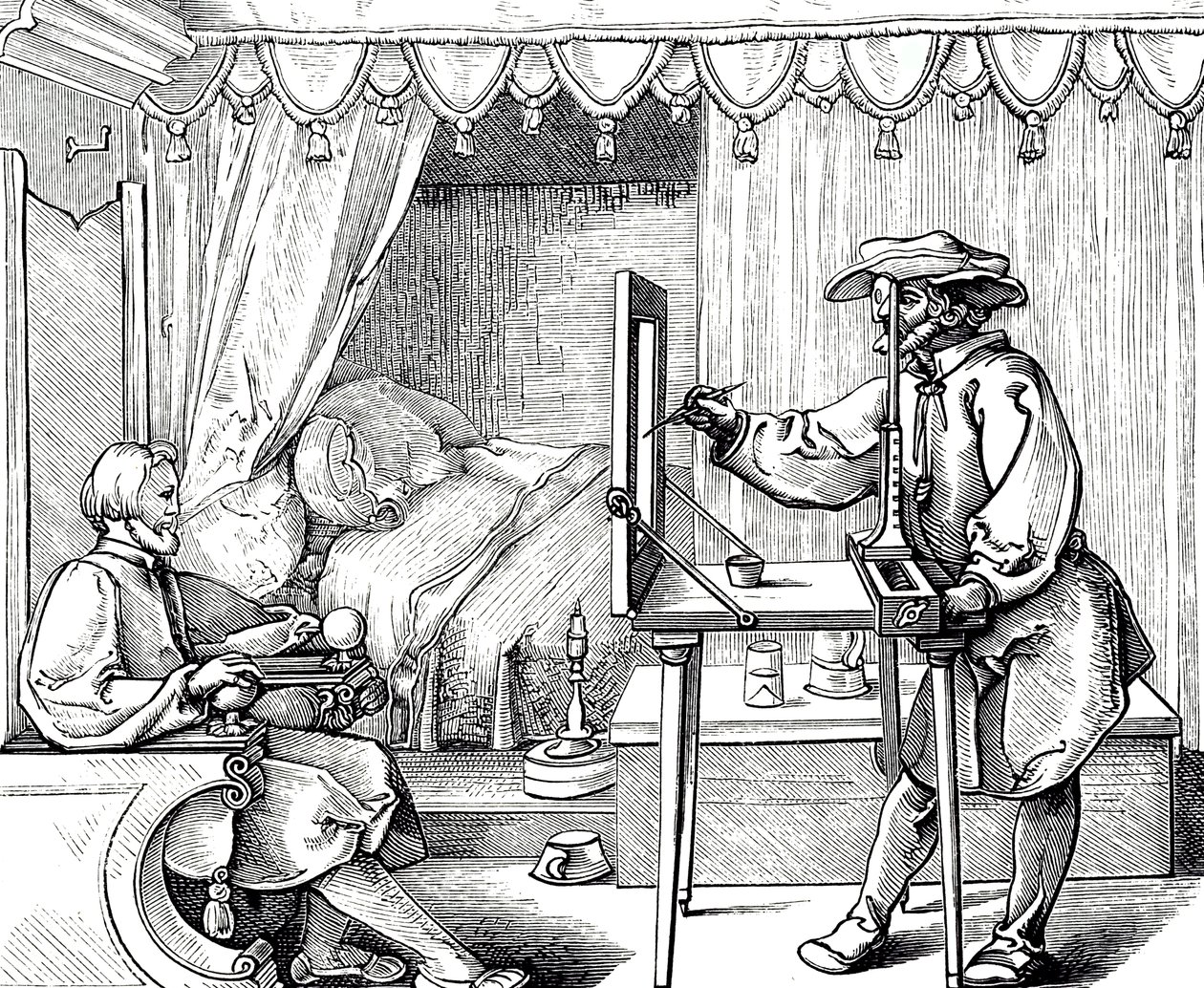 Holzschnittgravur, die einen Künstler zeigt, der ein Zeichenhilfsmittel verwendet, um die Proportionen eines Porträts korrekt zu erfassen. Gravur von Albrecht Dürer (1471-1528) von Albrecht (after) Durer or Duerer