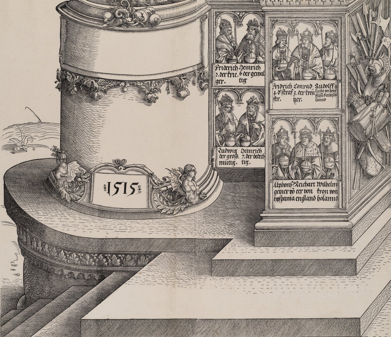 Porträts von Maximilians Verwandten und die Basis der linken äußeren Säule mit dem Datum 1515 von Albrecht Altdorfer