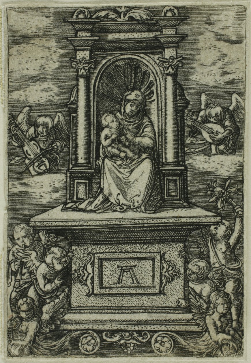 Die schöne Jungfrau von Regensburg mit dem Kind auf einem Thron, umgeben von Engeln mit Musikinstrumenten von Albrecht Altdorfer