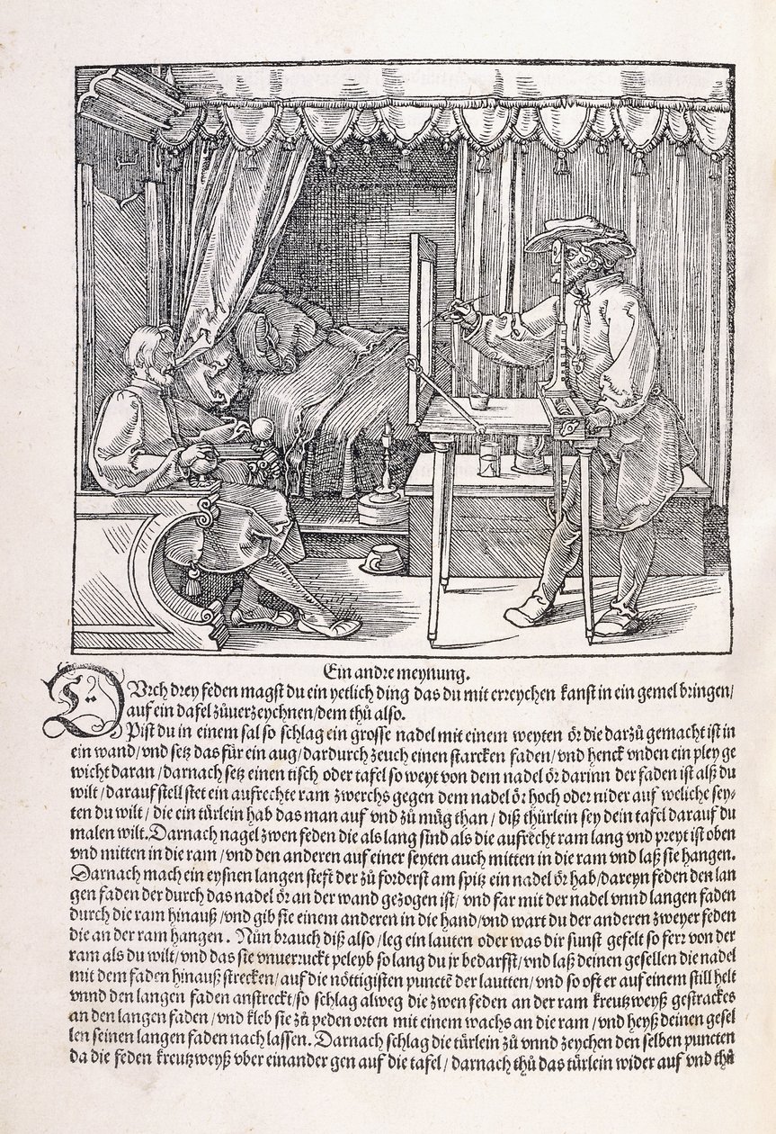 Ein Zeichner, der ein Porträt mit einem Zeichenrahmen zeichnet, 1525 von Albrecht Dürer
