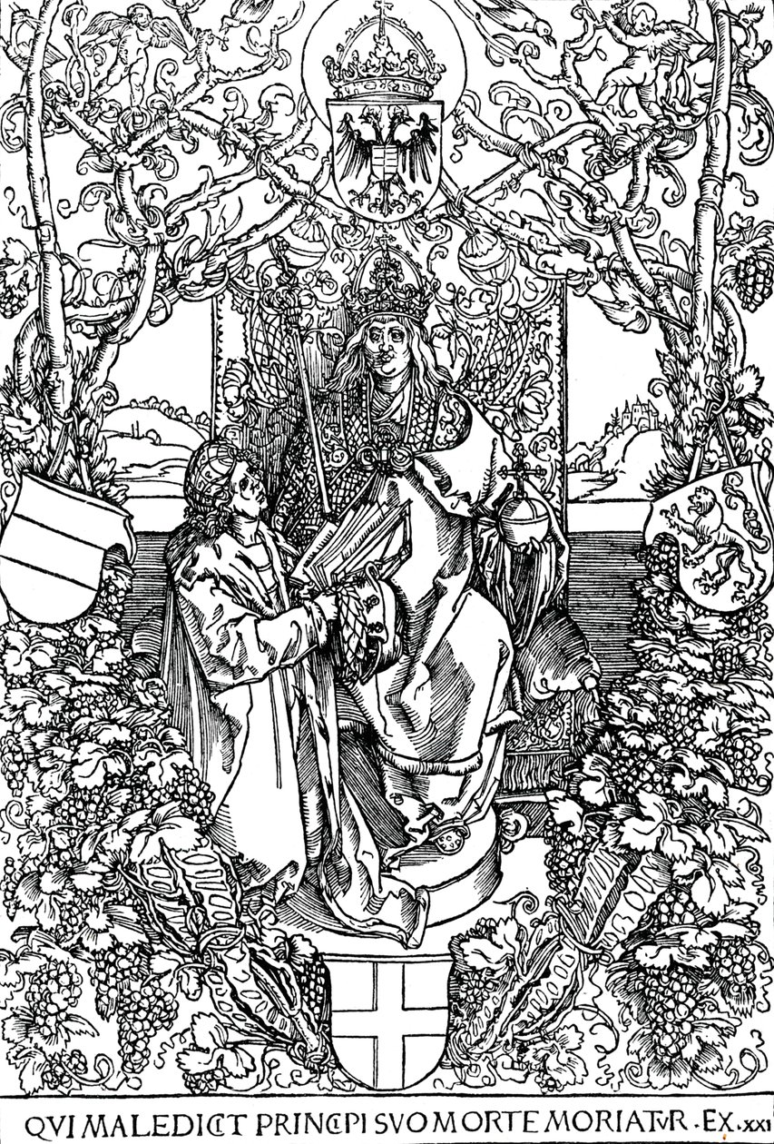 Conrad Celtes überreicht sein Buch Quatuor Libri Amorum an Maximilian I, 1502 von Albrecht Dürer