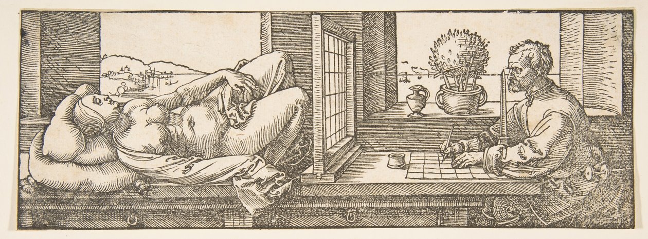 Zeichner macht eine perspektivische Zeichnung einer liegenden Frau, ca. 1600 von Albrecht Dürer