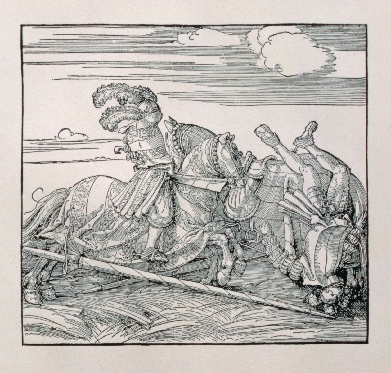 Kaiser Maximilian I. von Deutschland (1459-1519) stößt einen Gegner in einem Turnier vom Pferd, aus einem unveröffentlichten Buch, das die ritterlichen Taten des Kaisers verherrlicht, ca. 1515 von Albrecht Dürer
