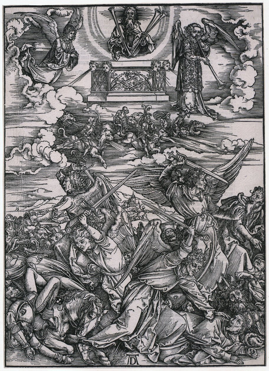 Engelkampf, VII. Figur, Blatt 9 der Folge "Die Apokalypse" von Albrecht Dürer