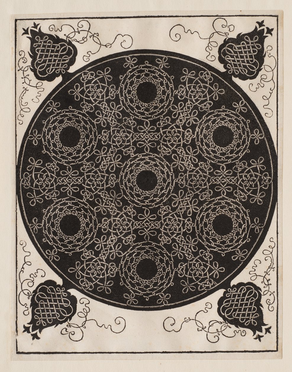 Vierter Knoten, 7 kreisförmige Gruppen von Knoten mit schwarzen Zentren von Albrecht Dürer