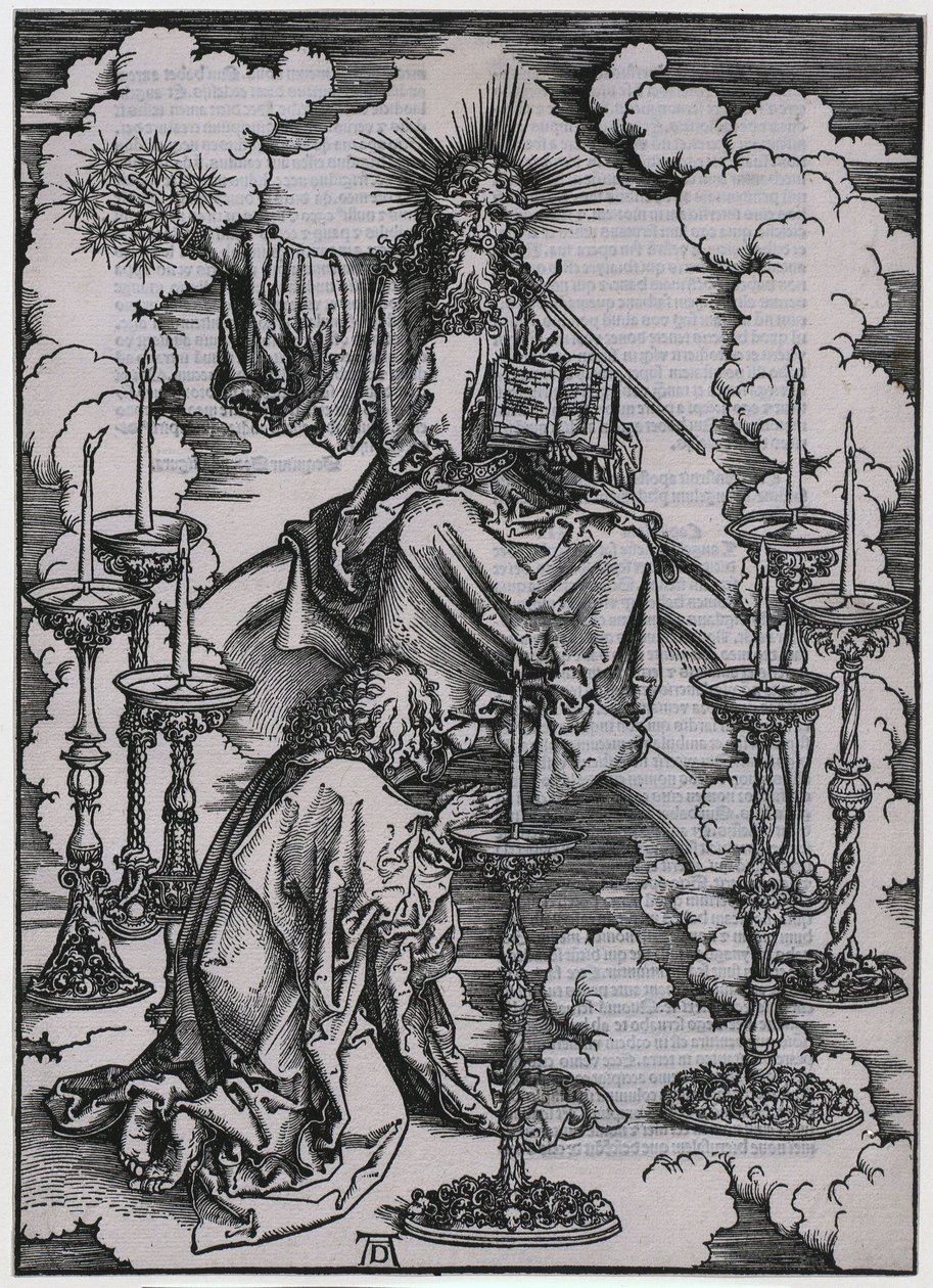 Johannes erblickt die sieben Leuchter, I. Figur, Blatt 3 der Folge "Die Apokalypse" von Albrecht Dürer