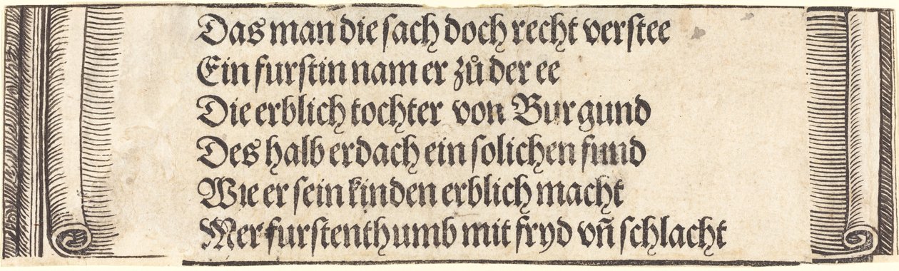 Gedruckter Text für "Die Verlobung von Maximilian mit Maria von Burgund" von Albrecht Dürer