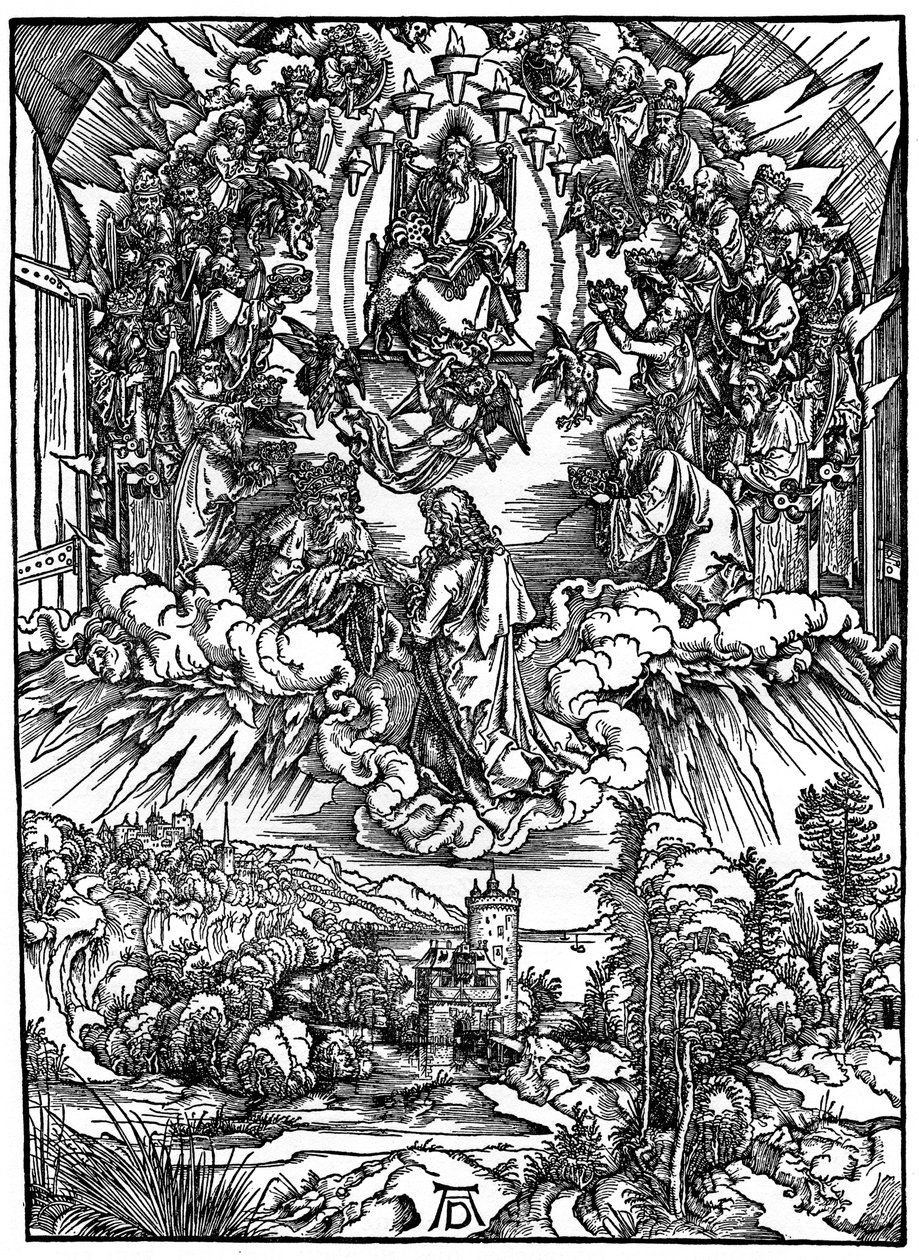 Szene aus der Apokalypse, St. Johannes vor Gott dem Vater und den vierundzwanzig Ältesten, 1498, 1936 von Albrecht Dürer