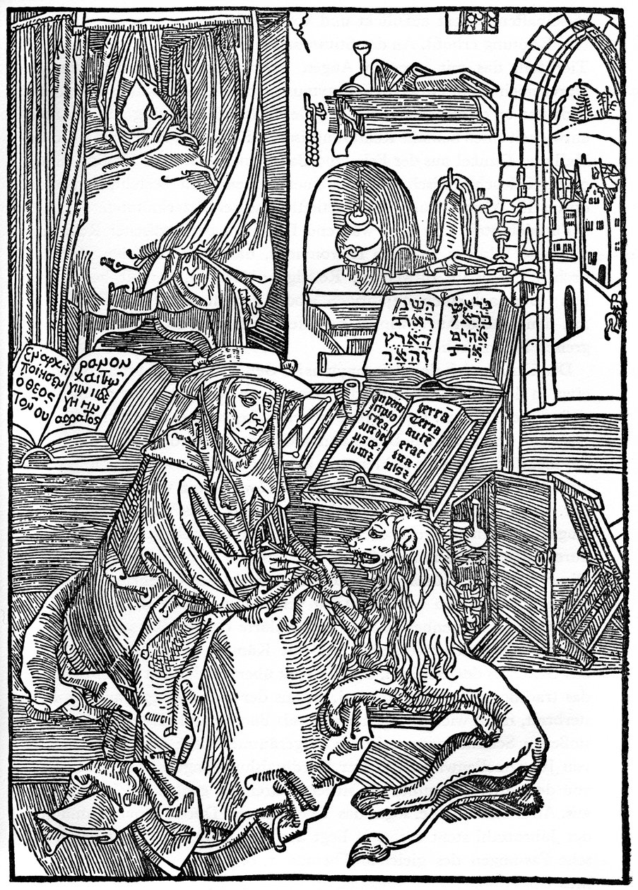 St. Hieronymus in seinem Studierzimmer, der einem Löwen einen Dorn aus der Pfote zieht, 1492 von Albrecht Dürer