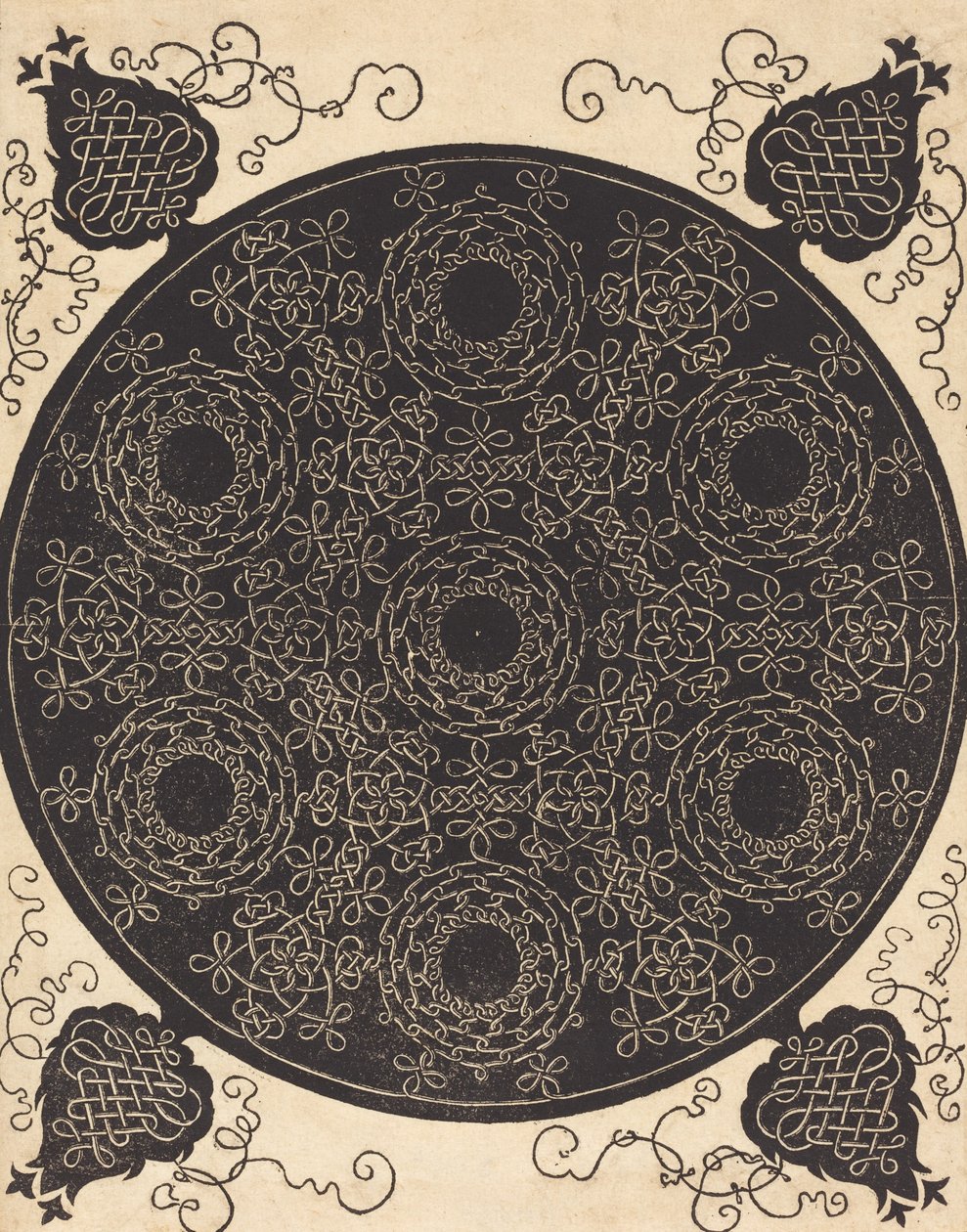 Der vierte Knoten, der sieben kreisförmige Knoten mit schwarzen Zentren kombiniert, wahrscheinlich 1506-1507 von Albrecht Dürer
