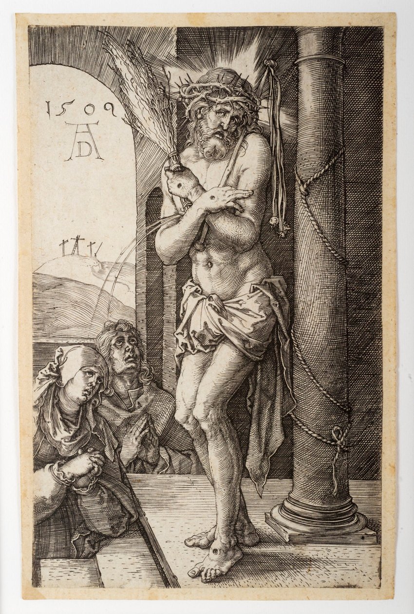 Der Schmerzensmann an der Säule mit der Jungfrau und St. Johannes, aus der "Gravierten Passion" von Albrecht Dürer