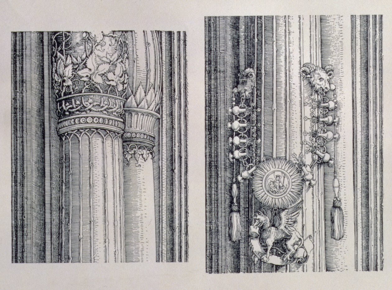 Der Triumphbogen von Kaiser Maximilian I. von Deutschland (1459-1519): zwei Details der zentralen Tore der Ehre und Macht, datiert 1515, veröffentlicht 1517-18 von Albrecht Dürer