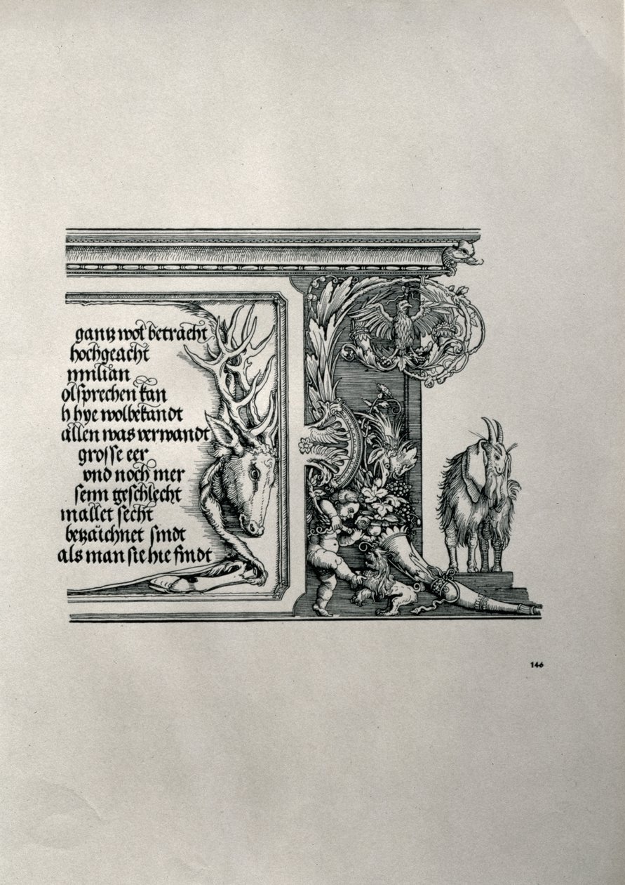 Der Triumphbogen von Kaiser Maximilian I. von Deutschland: Detail eines Hirschfells mit einer Inschrift, die die Familienverbindungen des Kaisers lobt, mit einem Schlappohr-Ziegenbock, Symbol für scharfes Gehör, 1517-18 von Albrecht Dürer
