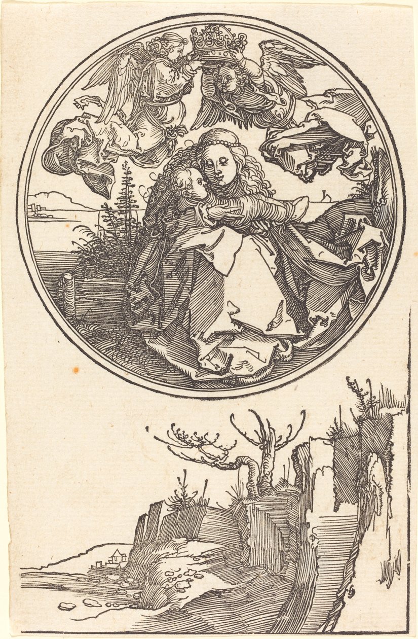 Die Jungfrau, von zwei Engeln über einer Landschaft gekrönt von Albrecht Dürer