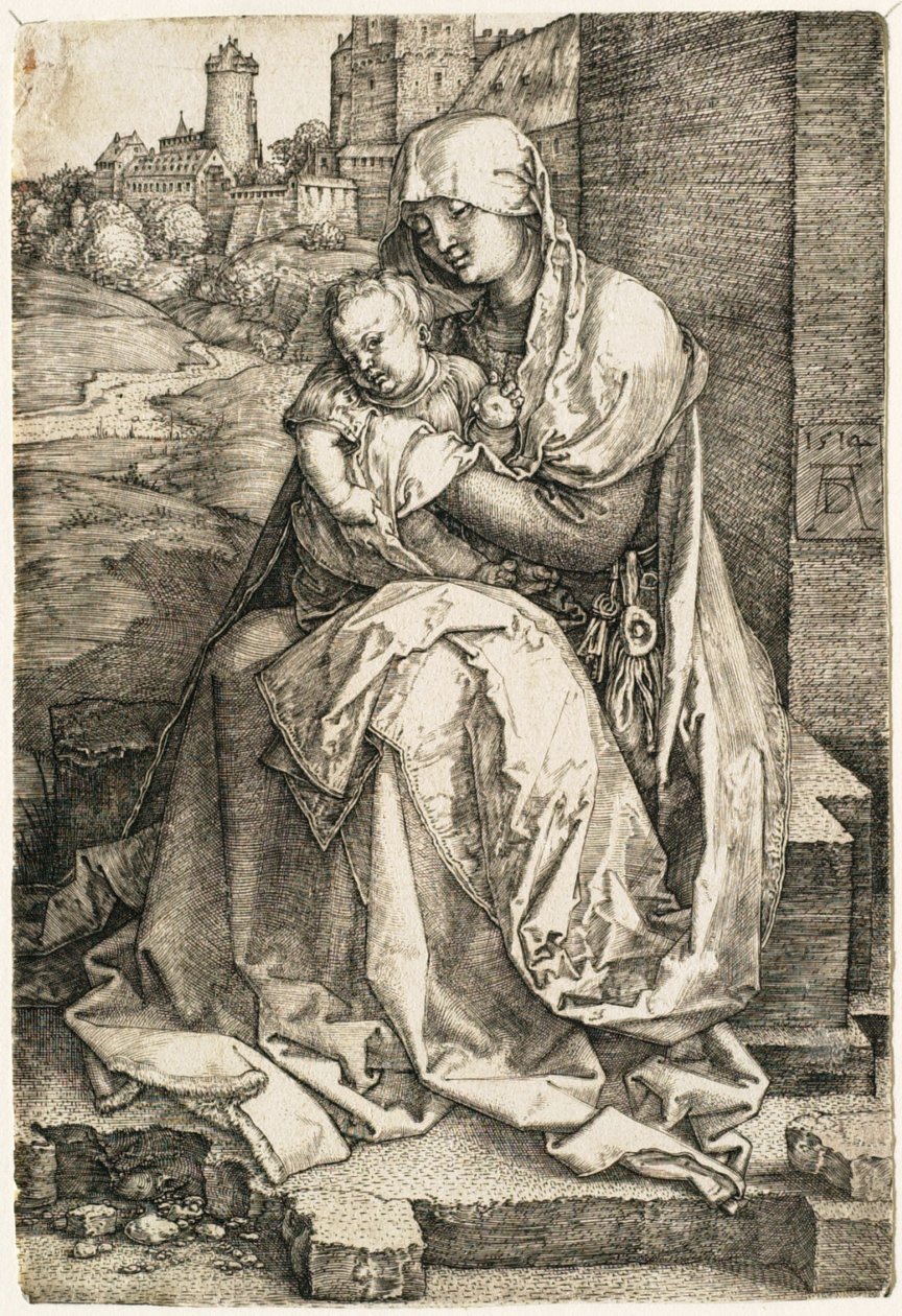 Die Jungfrau und das Kind, die an der Mauer sitzen von Albrecht Dürer
