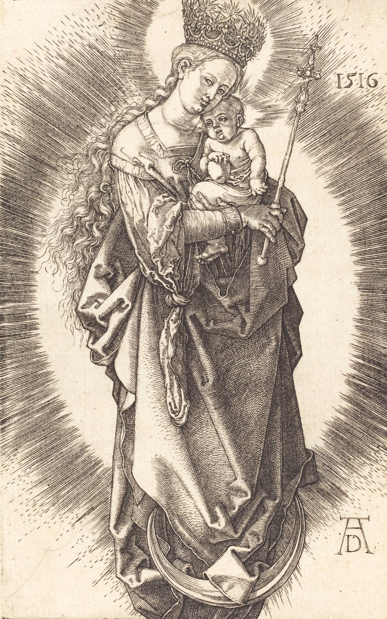 Die Jungfrau und das Kind auf einer Mondsichel mit einem Zepter und einer Sternenkrone, 1516 von Albrecht Dürer